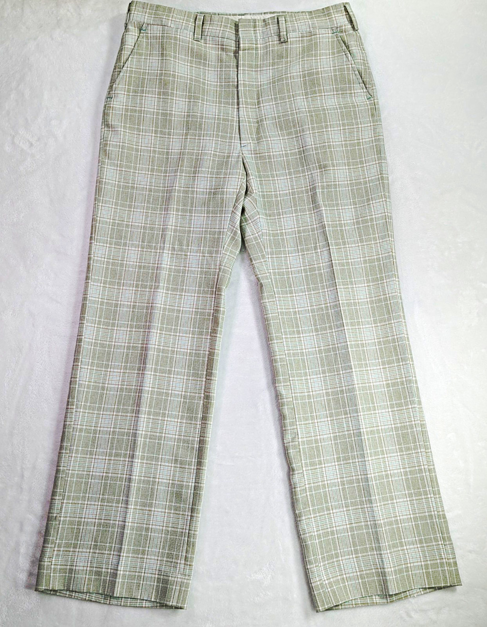 Vintage 70s Haggar Plaid Slacks Mens 34x31 Gray Cream Tartan Check Trousers USA